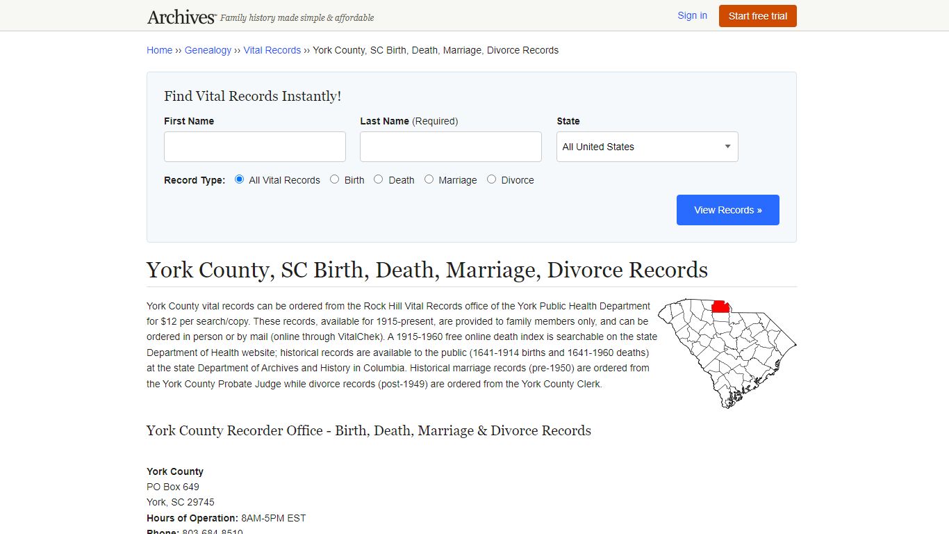 York County, SC Birth, Death, Marriage, Divorce Records